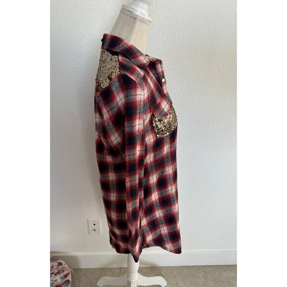 Southern Fried Chics Red and Navy Sequin Accented Button Down Flannel - M - Picture 3 of 4